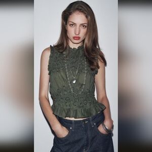 Zara Olive Green Ruffle Sleeve Beaded/Embroidered Ruffle Top